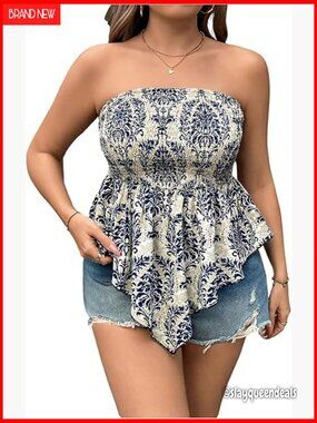 Plus Size Paisley Strapless Tube Top Asymmetrical Ruffle